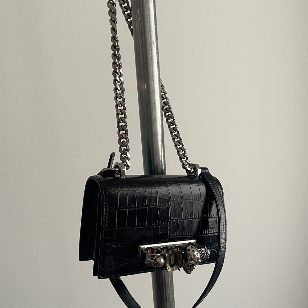 Black Croc-Embossed Shoulder Bag with Silver Chain
